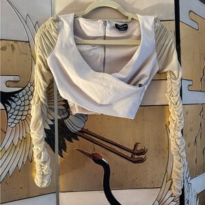 bebe Cream Ruched Sleeve Crop Top